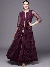 Burgundy Polka Dots Printed Fit & Flare Maxi Ethnic Dress-AHDRNTFP-981-FF